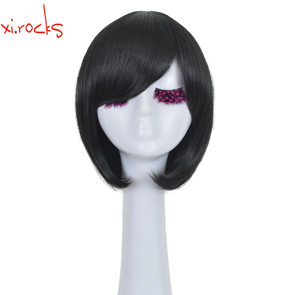 

3071 Xi.Rocks Short Straight Hair Synthetic Black Wig Bob Bangs Style Full Fiber For Women Girl Heat Resistant