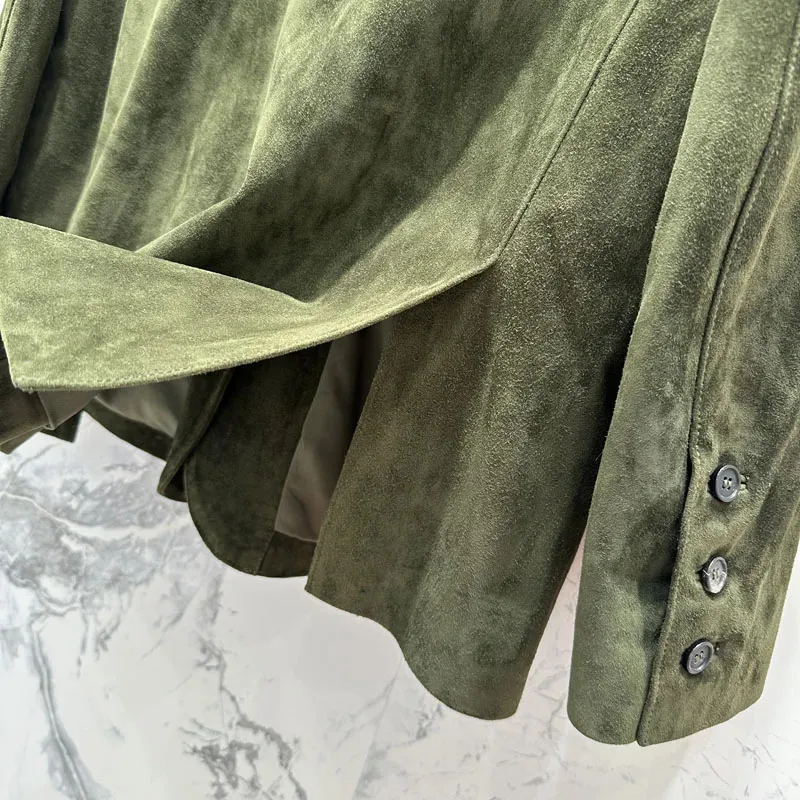 Women Clothes Turn-Down Collar Single-Row Buckle Suit Style Suede Sheepskin Luxurious Leather Jacket Green Loose