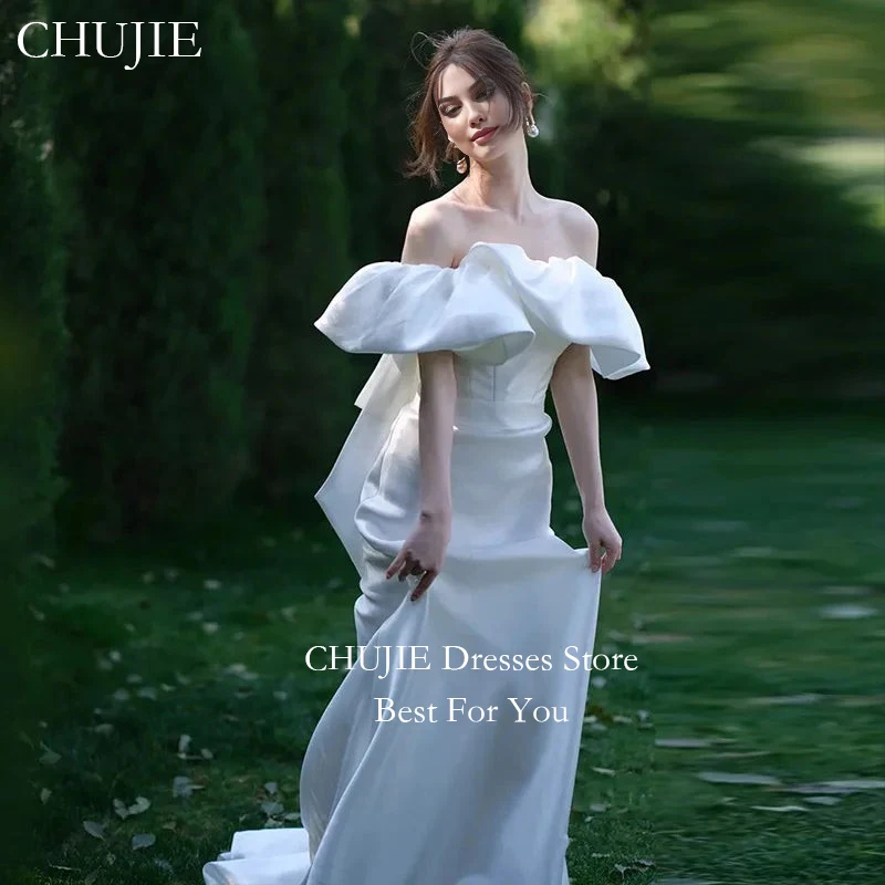 

Stain Off Shoulder Wedding Dresses With Bow Mermaid Pleated Bridal Gown Customized Bride Dress Vestido de novia Guest Party Gown
