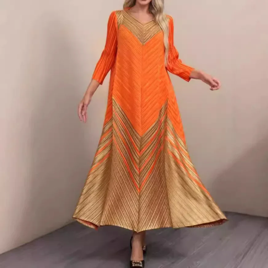 Miyake Solid Color Bronzing Loose Women's Dress Middle Eastern Women's Clothing Thin Belly Reduction Long Dress 2024 Summer New