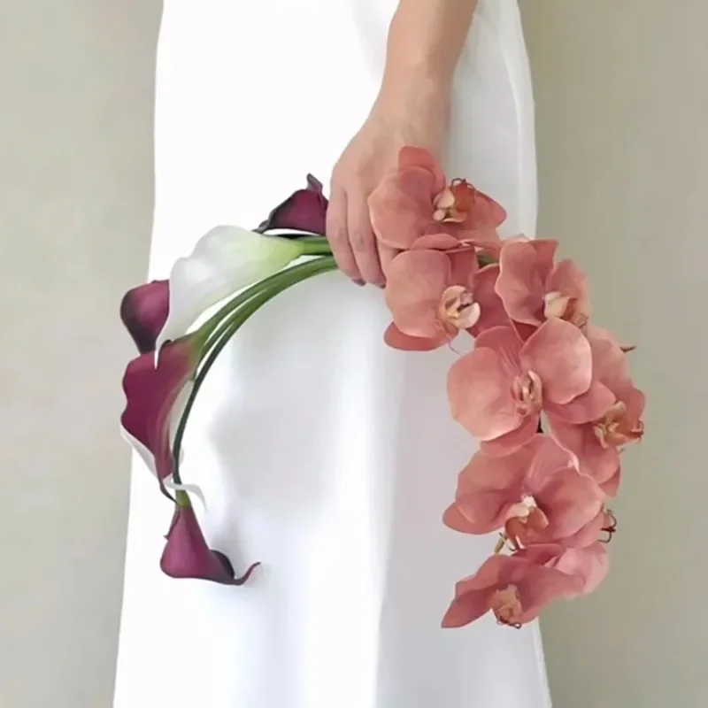 Portable Artificial Wedding Bouquet, Unique Phalaenopsis & Calla Lily Fake Flower Bridal Handheld Flower