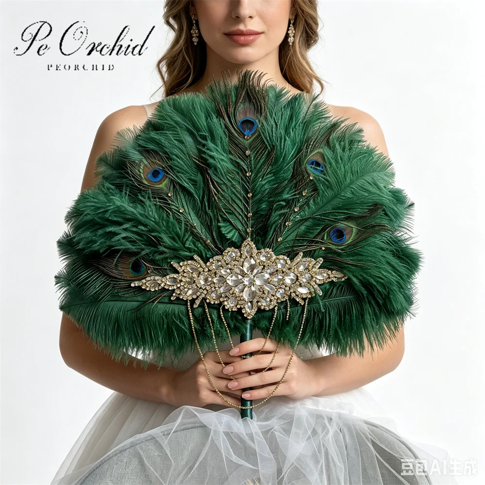 PEORCHID Green Ostrich Feather Bridal Fan Luxury Crystal Gold Ramo De Novia Gatsby 1920s Art Deco Wedding Hand Fan Bouquet