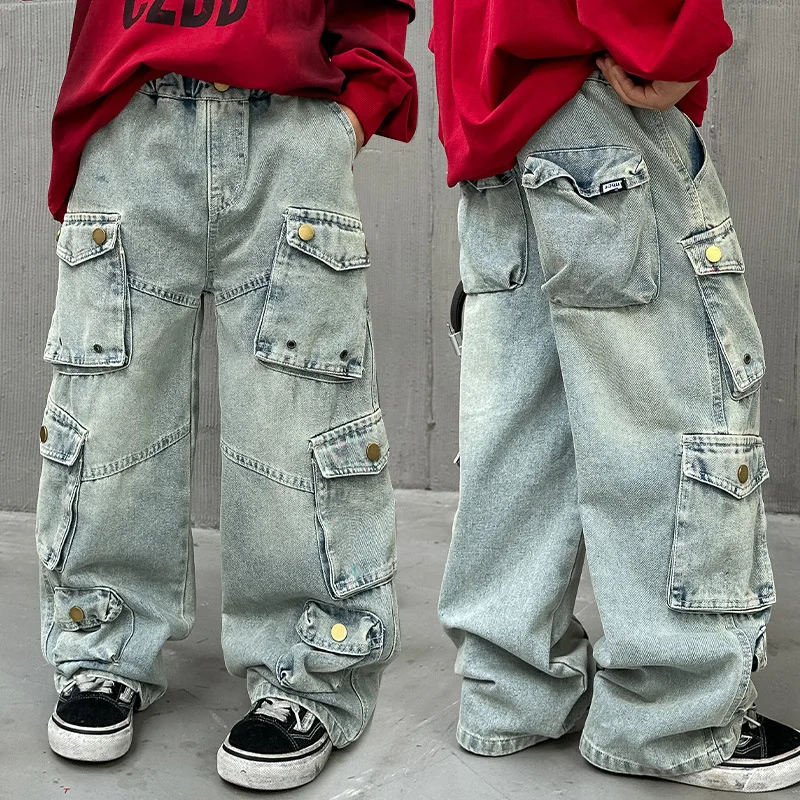 Lässige Cargo-Jeans für Jungen mit mehreren Taschen, adrette, lockere Denim-Hose für Teenager-Kinder, modische Kinderhose, Jogginghose