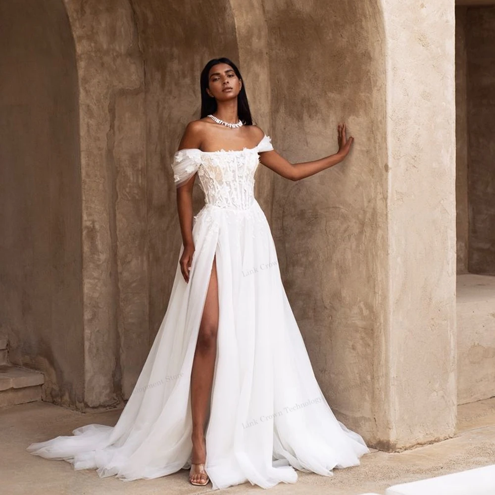 Charming Boat Neck Wedding Dresses with Lace Side Slit Bridal Gowns for Women 2024 Summer Sleeveless Vestido De Novia New