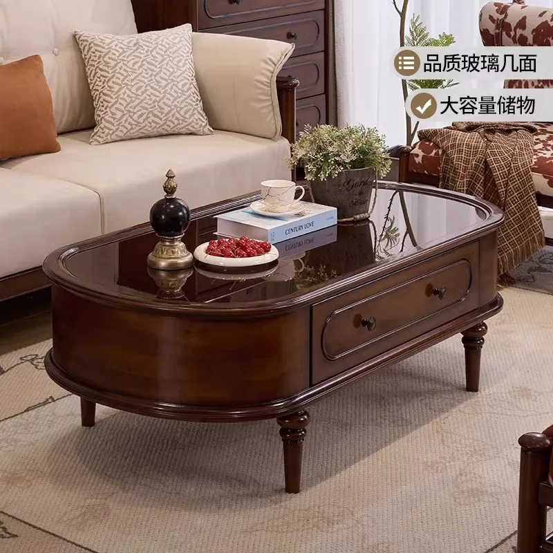 

American medieval style solid wood coffee table household living room mahogany core wood glass coffee table