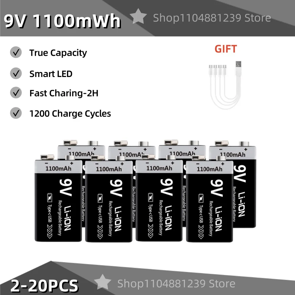 

2-20PCS 9V Battery Rechargeable 1100mAh USB Type-C Rechargeable 6F22 9V Li-ion Battery for RC Helicopeter Model Multimeter Toy