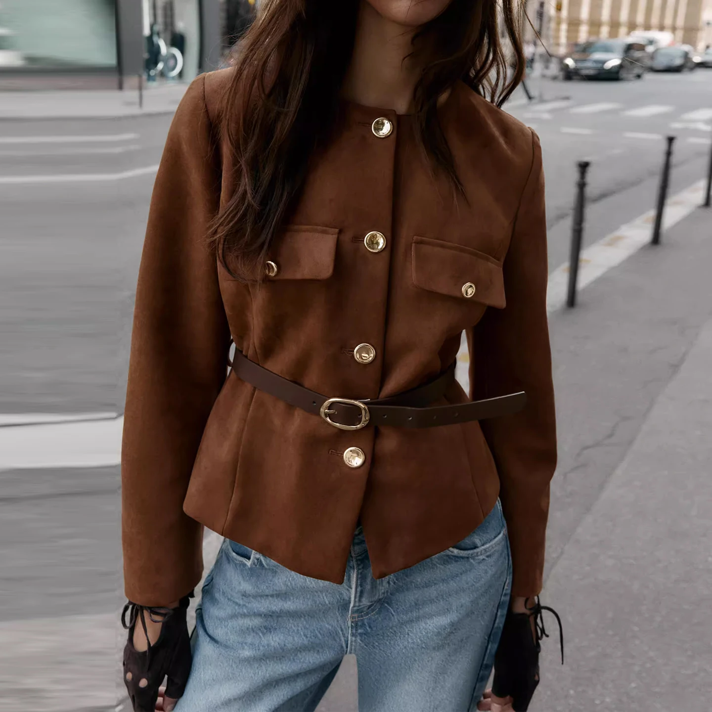 Faionable Costume Texture Velours Jaet avec Ceinture pour Femme Z Or Vêtements d'extérieur Européens Sle Long Sve rond Ne Butto...