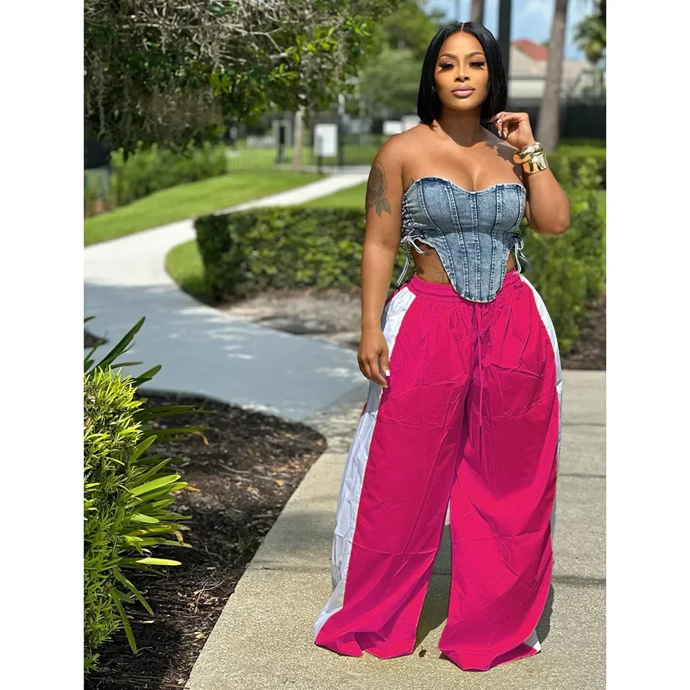Vintage Women Striped Straight Drawstring Basic Wide Leg Pants 2026 Casual Sporty Holiday Jogger Sweatpants Trousers