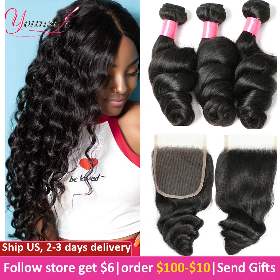 Younsolo Human Hair Loose Wave Bundles With Closure Brazilian Human Hair 3/4 Bundles With Lace Closure Loose wave Hair Extension