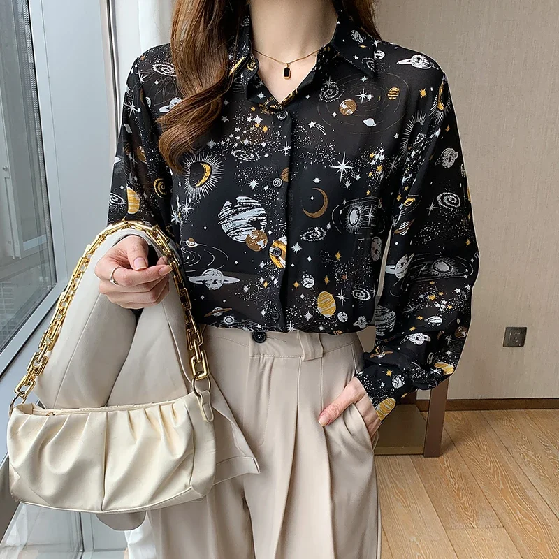 

Women Clothing Spring Autumn Trendy Print Harajuku Y2K Shirt Sexy Sheer Long Sleeve Chiffon Blouse Casual Loose Tops Chic Blusas