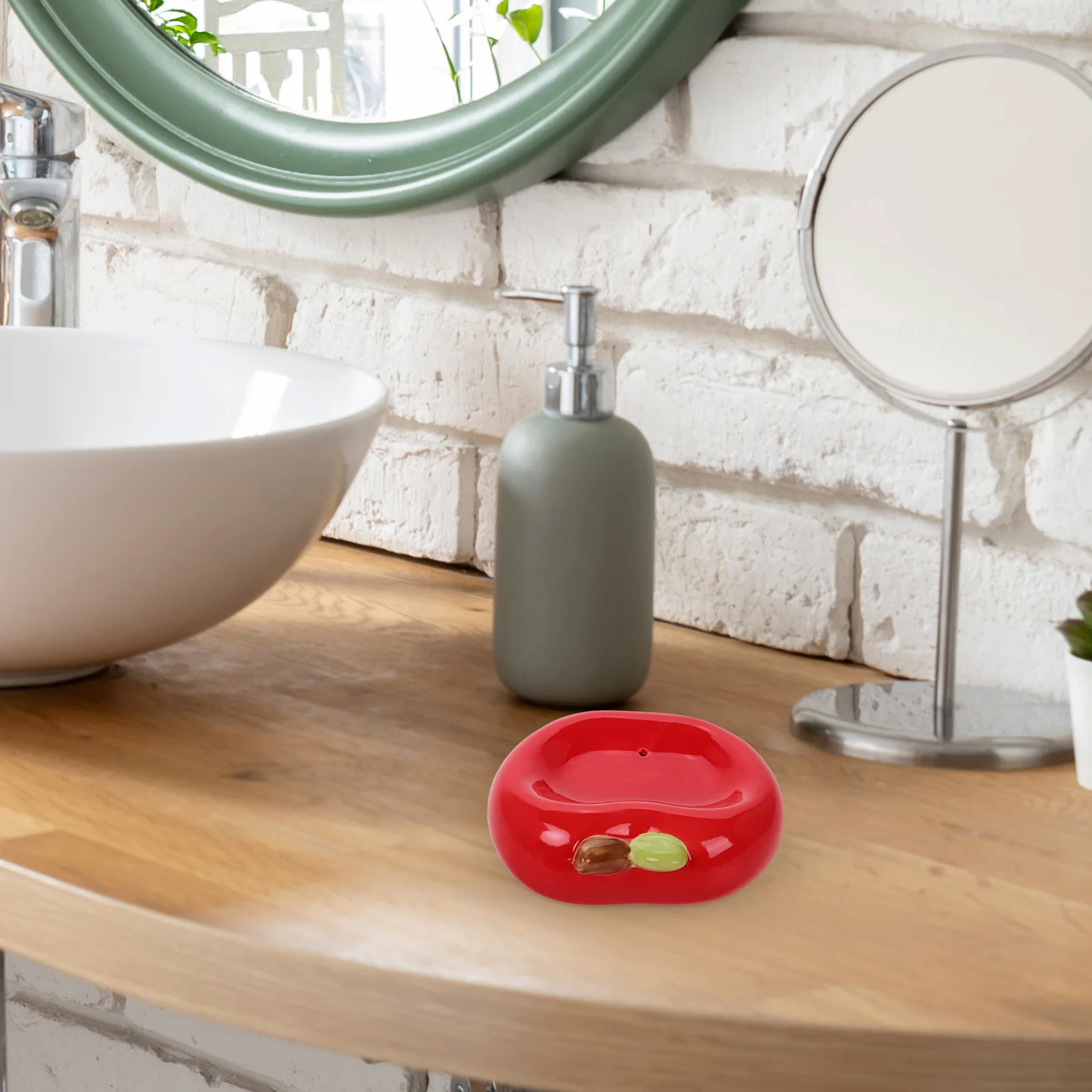 

Apple Shaped Ceramic Soap Tray Drainage Hole No Drilling Bathroom Vanity Kitchen Sink Soap Holder Decorative Sink Tray