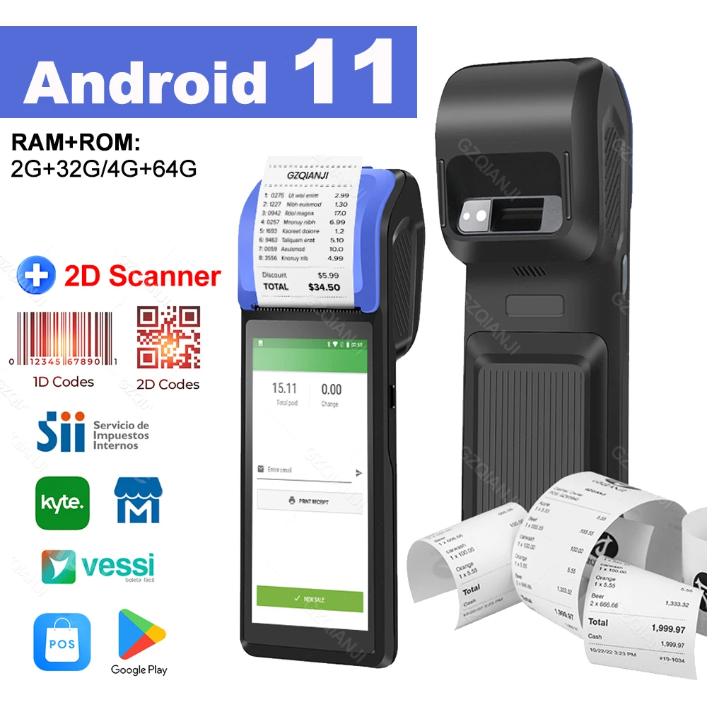 Updated 4G Android 11 Pos PDA Terminal with 58mm Receipt Printer 1D 2D QR Scanner Reader NFC Bluetooth Machine 4G+64G/2G+32G