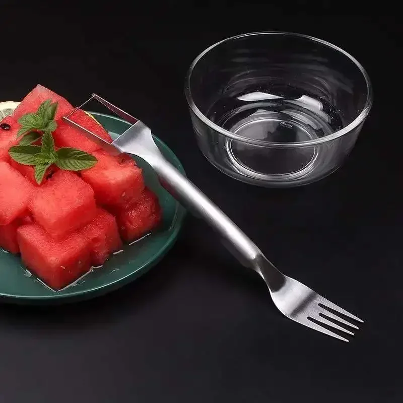 1pc Multi-purpose Portable 2In1 Watermelon Fork Slicer Watermelon Slicer Cutter Knife Stainless Steel Kitchen Fruit Cutting Fork