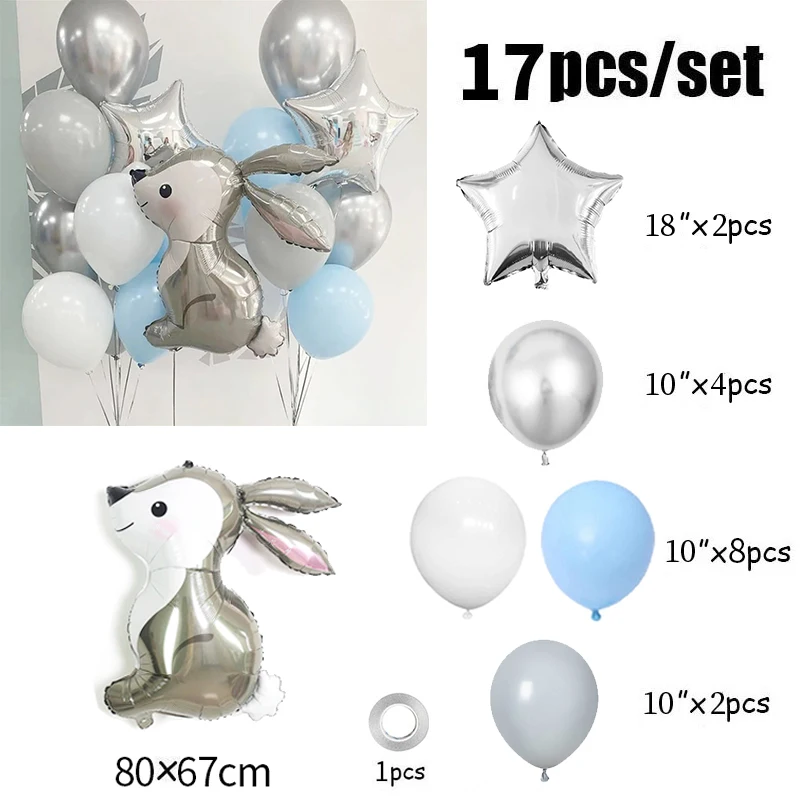 17pcs Cute Rabbit Animal Foil Latex Balloons Happy Birthday Party Decorations Kids Adult Boy Girl Baby Shower Safari Supplies