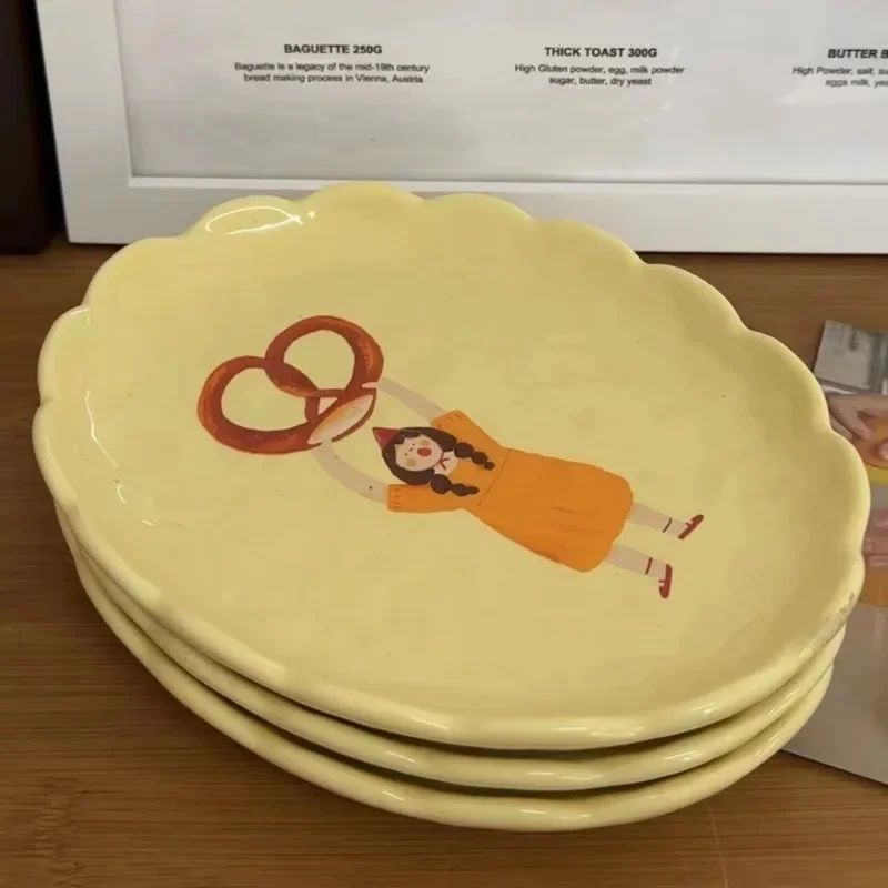1 Pcs Ceramic Lace Milk Yellow Cartoon Bread Girl Flat Plate Ins Wind Dessert Plate 8 Inch Kitchen Household Тарелки Для Еды