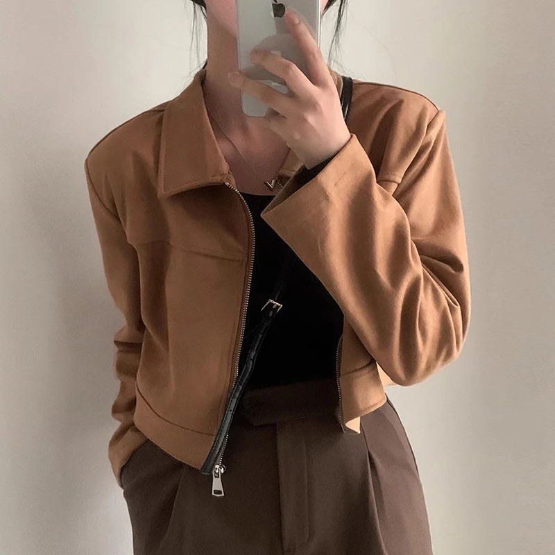 Chic Autumnal Retro Versatile Long Sve Faux Suede Loose Fit Jaet ort Outerwear for Women Commute Sle Zipper Closure