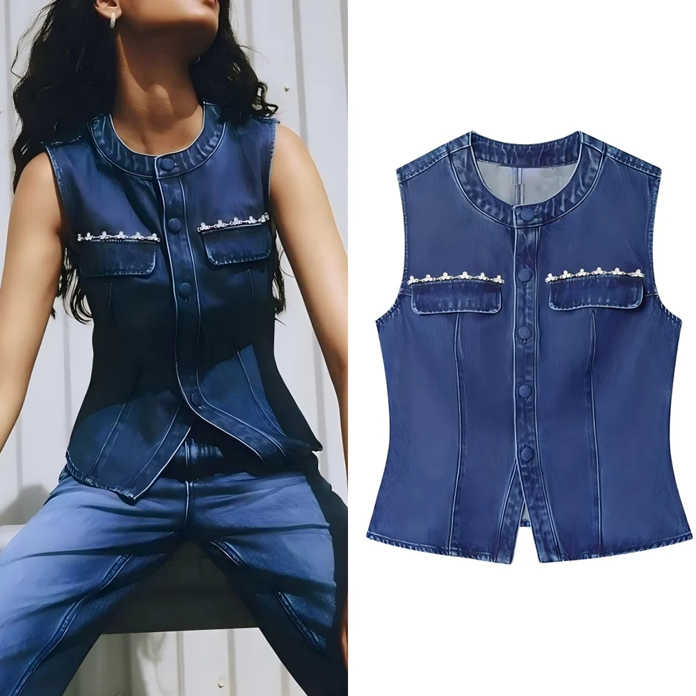

Women's 2025 new fashion flip bead decoration slim single breasted denim vest retro sleeveless women's vest chic top