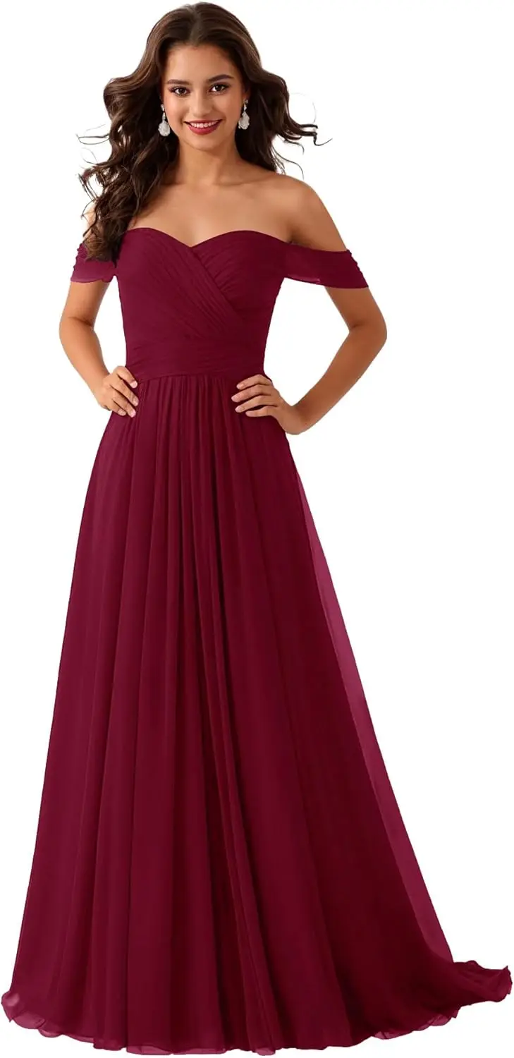 

Women's A-line Off Shoulder Bridesmaid Dresses - Sweetheart Long Chiffon Formal Evening Party Gown Evening Dresses