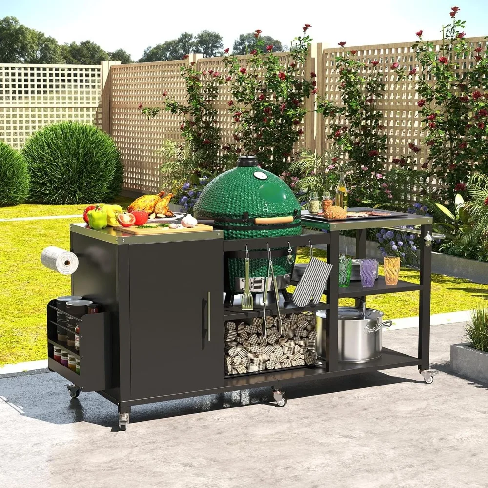 

Стол для гриля на открытом воздухе, тележка для гриля из нержавеющей стали 69,7 дюйма со шкафом и полками