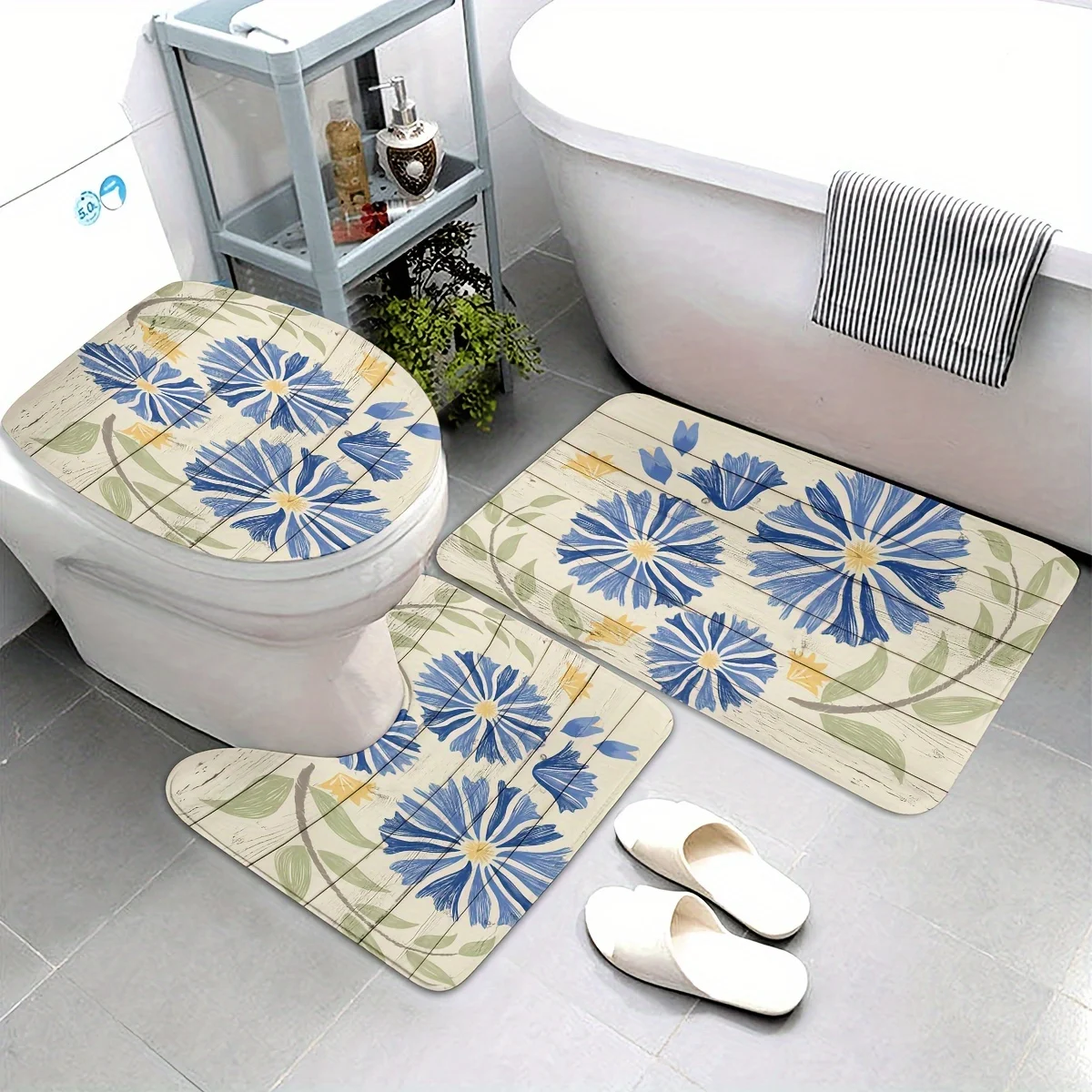 

Набор декора для ванной комнаты из 3 предметов с тропическими листьями, полиэфирная ткань, можно стирать в машине, U-образный коврик, нескользящий коврик, чехол на сиденье унитаза