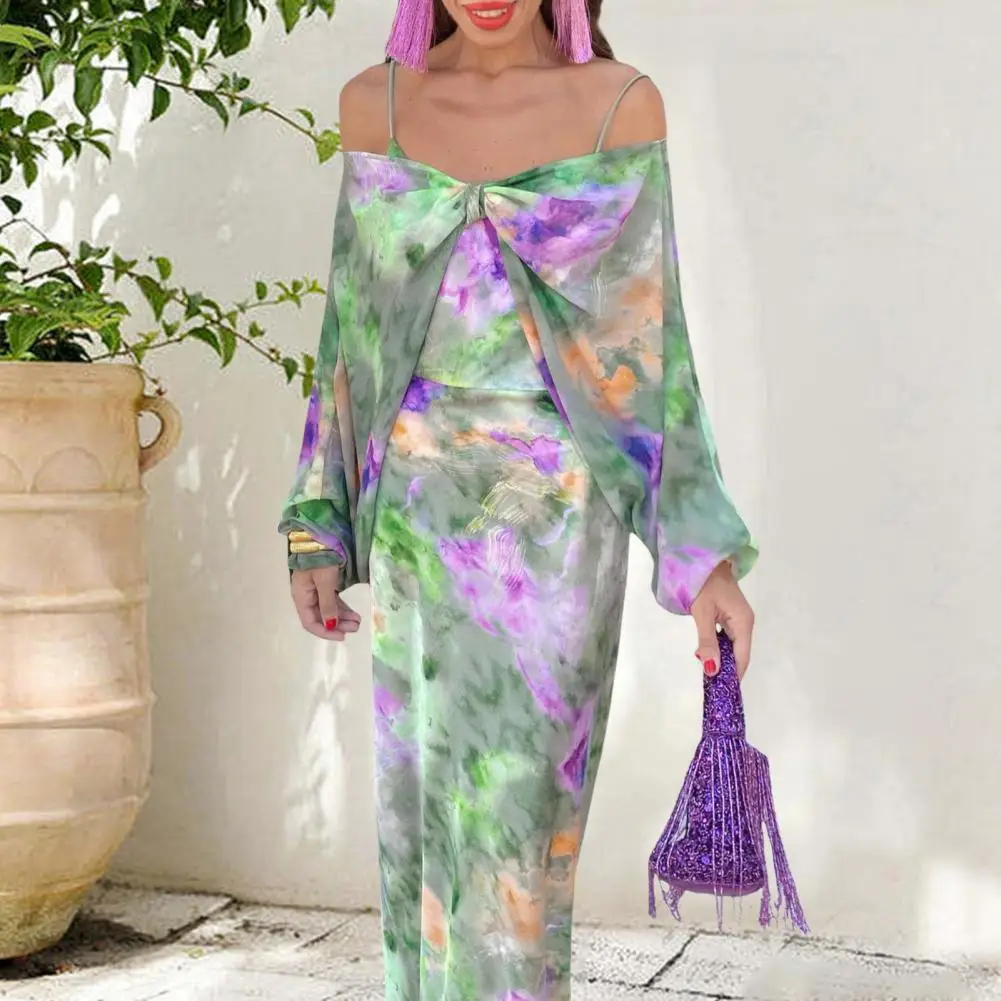 

Elegant Print Dress Women Sexy Off Shoulder Backless Tie-dye Suspender Female Dresses 2 Piece Slash Neck Vacation Lady Robes