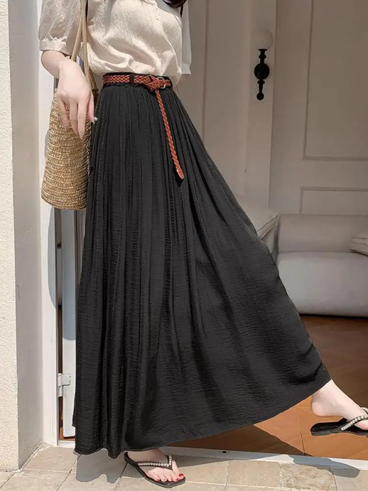

Spring Summer Korean Fashion Black White Slim Vacation Long Skirt Women Beige High Waist Elegant Pleated Skirt Simplicity Casual