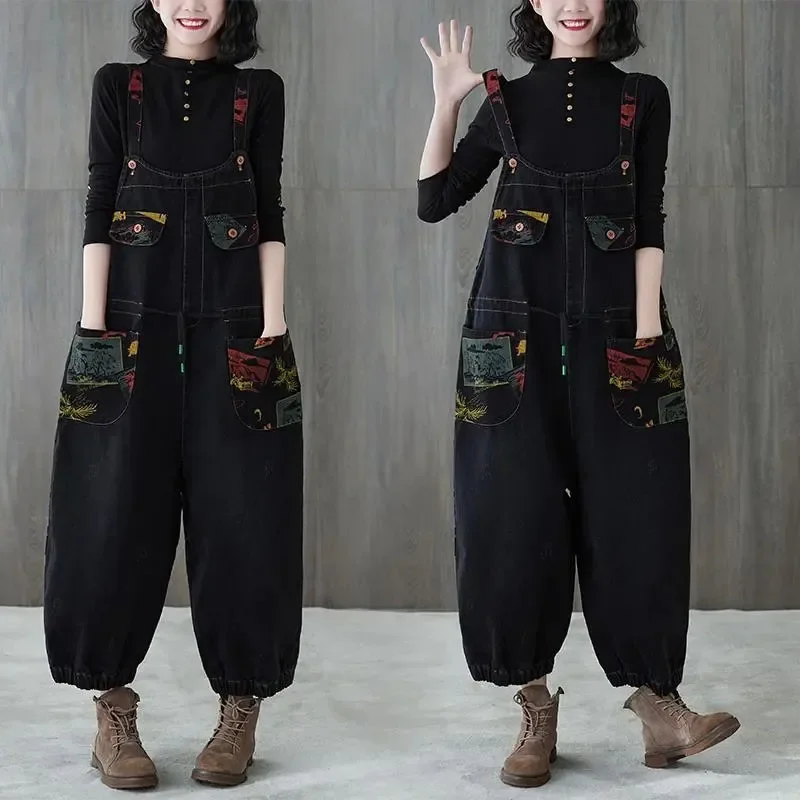 

Womens Spring Autumn Harajuku Denim Jumpsuit Casual Overalls Streetwear Vintage Nine Split Jeans Female Loose Hip Hop Rompers