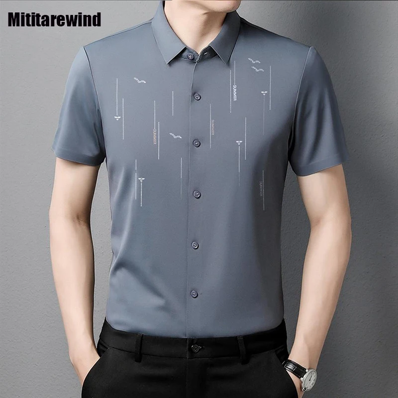 Summer New Seamless Shirts for Men Business Casual Printed Short Sleeves Button Up Shirt Men Fashion Simple Tops Chemise Homme