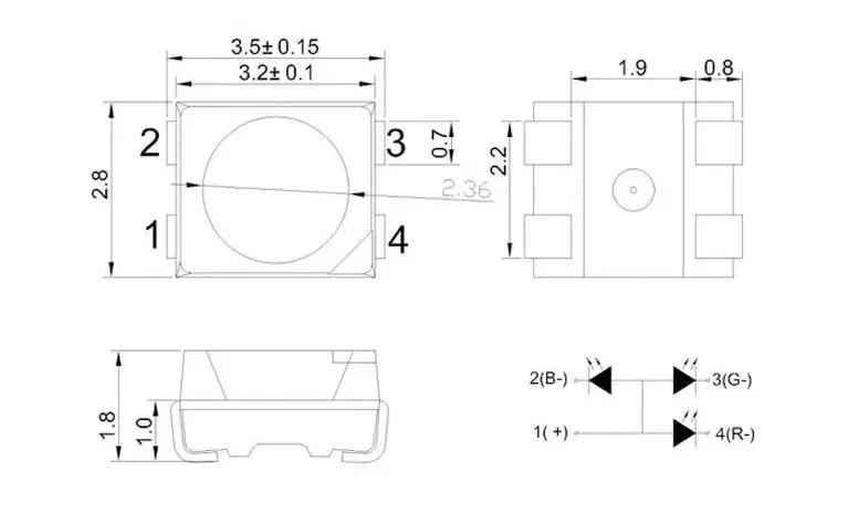 100pcs 3528 RGB High Bright XL-B3528RGBC-HM Black Surface Four Pin Patch White Green Emitting Lights LED Diode