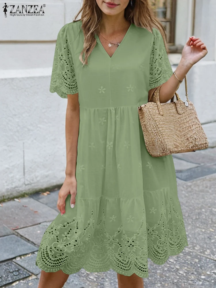 ZANZEA 2025 Summer Lace Crochet Dress Women Short Sleeve Embroidery Floral Sundress Stylish Casual Holiday Party Vestidos Robe