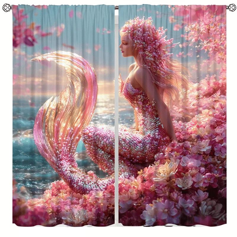 Seaside mermaid pattern curtains, installed using pocket rod system, suitable for bedrooms, living rooms, balconies decoration