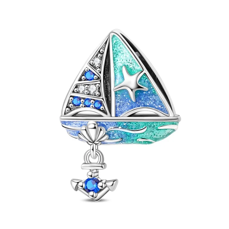 

New 925 Sterling Silver Blue Sailboat Charms Beads For Women Fit Original Bracelet DIY Birthday Party Jewelry Gifts