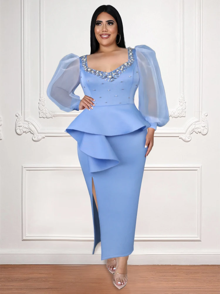 

Plus Size Party Dress Curvy Women Long Puff Tulle Sleeve Beading Peplum Evening Birthday 4XL Outfits for Ladies Event Occasion