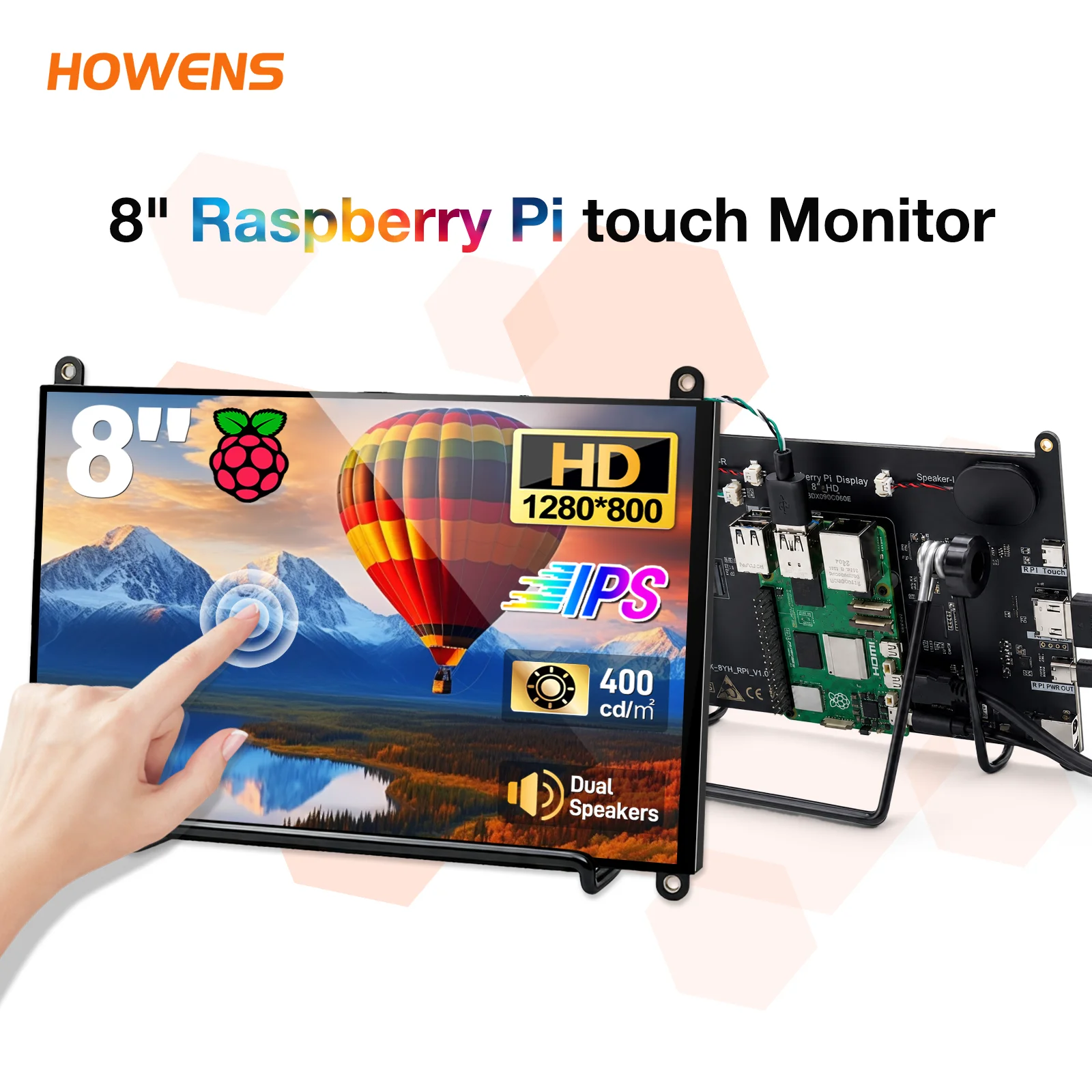 8 Inch Raspberry Pi Touch Screen Monitor 1280*800 IPS 10-Point Touch Display Built-in Speakers Compatible Pi 5 4B 3B Laptop PC