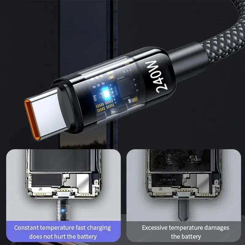 سلك شاحن سريع 240 واط 10 أمبير، كابل USB C نايلون مضفر شفاف نوع C لملحقات هواتف سامسونج وآيفون وشاومي وريدمي - 4