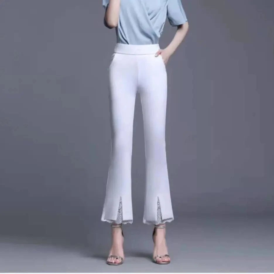 New Office Lady Lace Patchwork White Elastic Waist Casual Pants Summer Solid Women\'s Versatile Micro Flared Pants Women Clothing