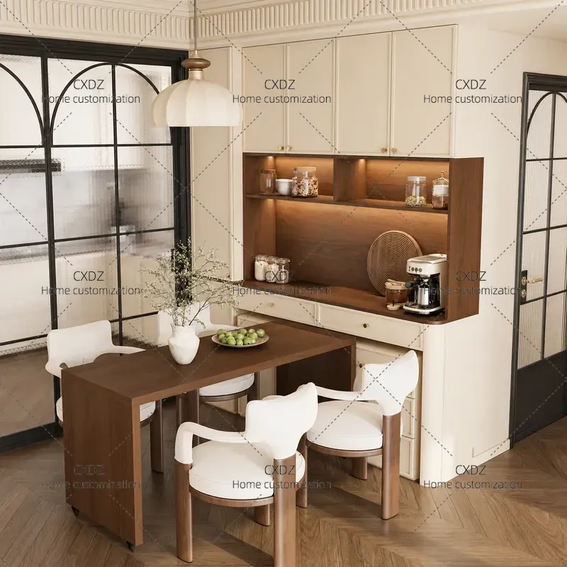 Embedded Dining Table with Side Cabinet Integrated Wall Storage Unit Medieval Arc Tea and Wine Cabinet for Small Apartments