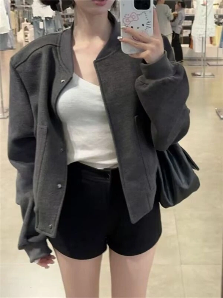 Men's Vintage Gray Baseball Jacket Loose Cropped Casual Spring Fall Streetwear Bomber Coat
