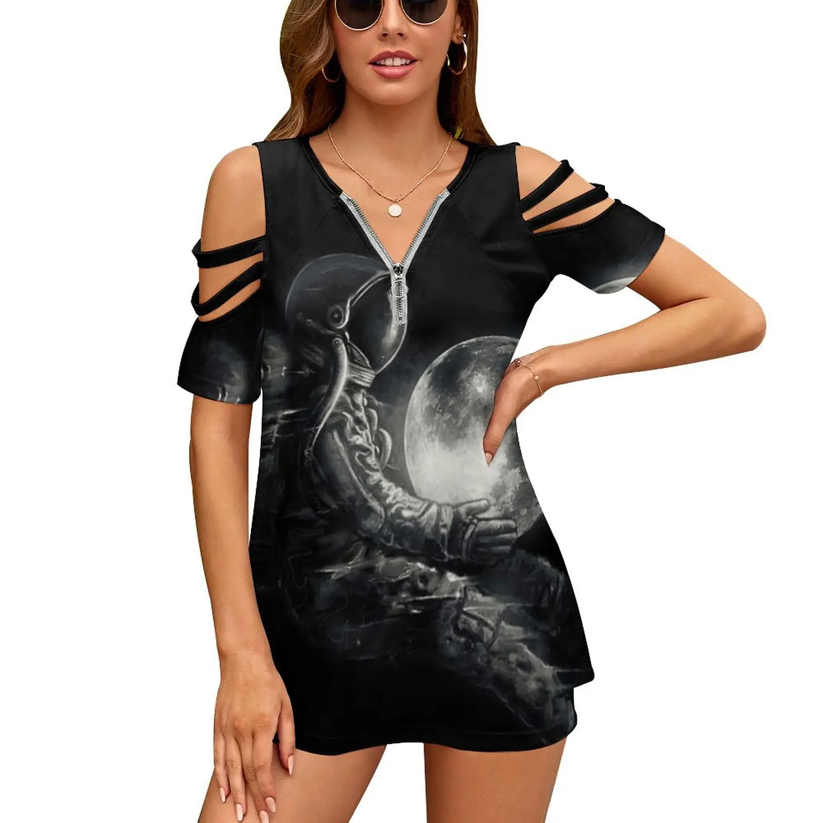 Moon Play New Fashion Zip Off Shoulder Top Short-Sleeve Women Shirt Astronaut Moon Space Space Art Black And White Cosmic