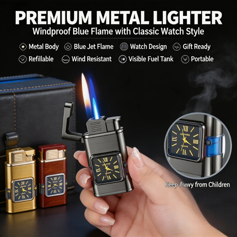 Creative Real‑Watch‑Shaped Dual‑Flame Butane Gas Lighter, Clear Visual Gas Window, Switchable Open‑Flame Mode, Stable