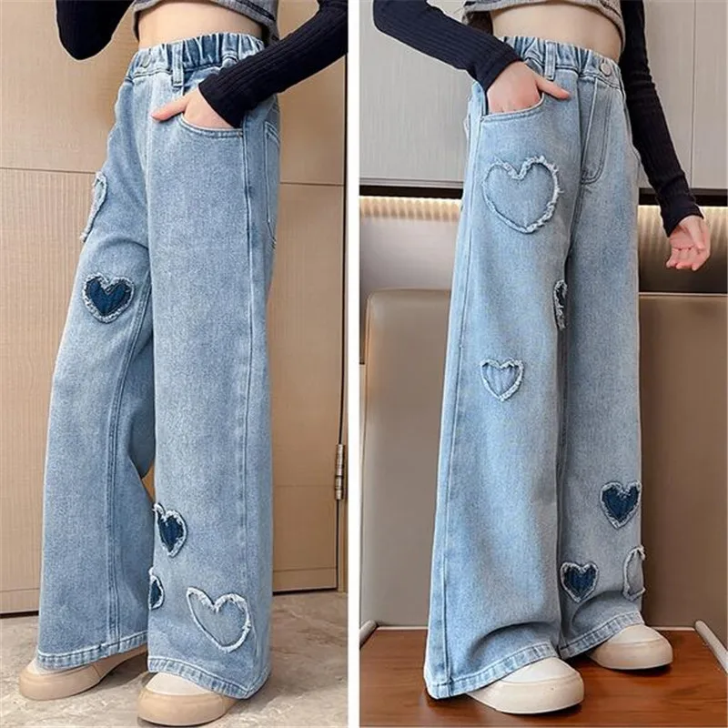 Jeans Girl Heart Pattern Girl Jeans Child Spring Autumn Children Jeans For Boys Casual Style Kids Clothing 6 8 10 12 14