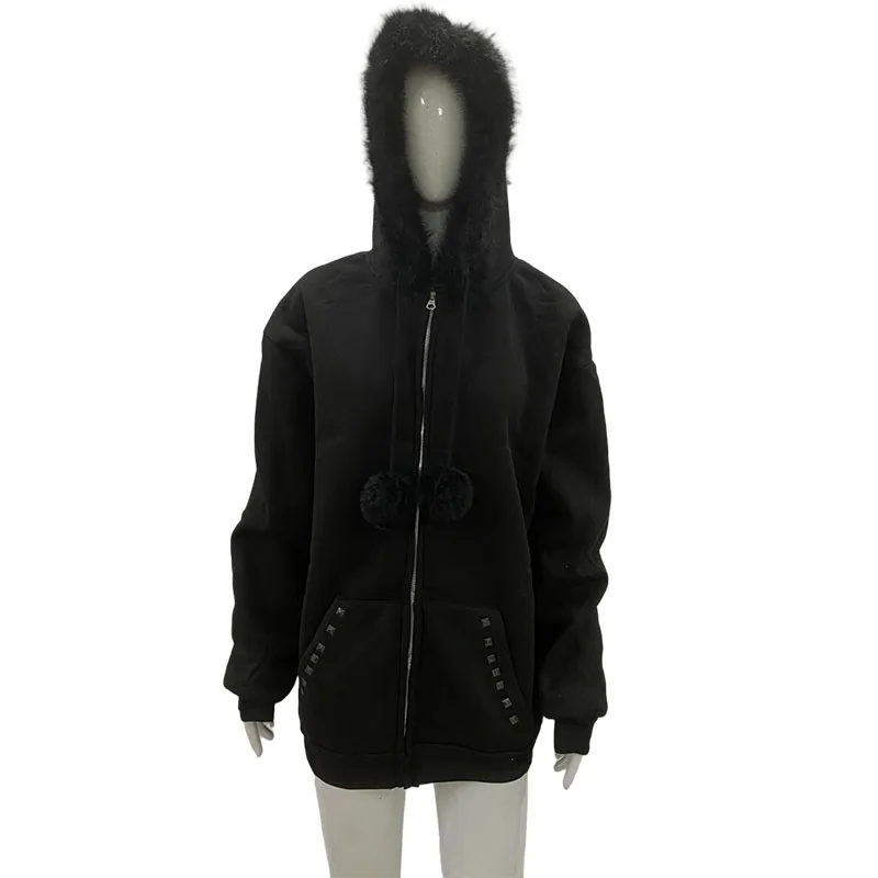 Col moelleux décontracté à capuche couleur unie fermeture éclair cardigan américain rétro femmes automne et hiver mode nouveau top