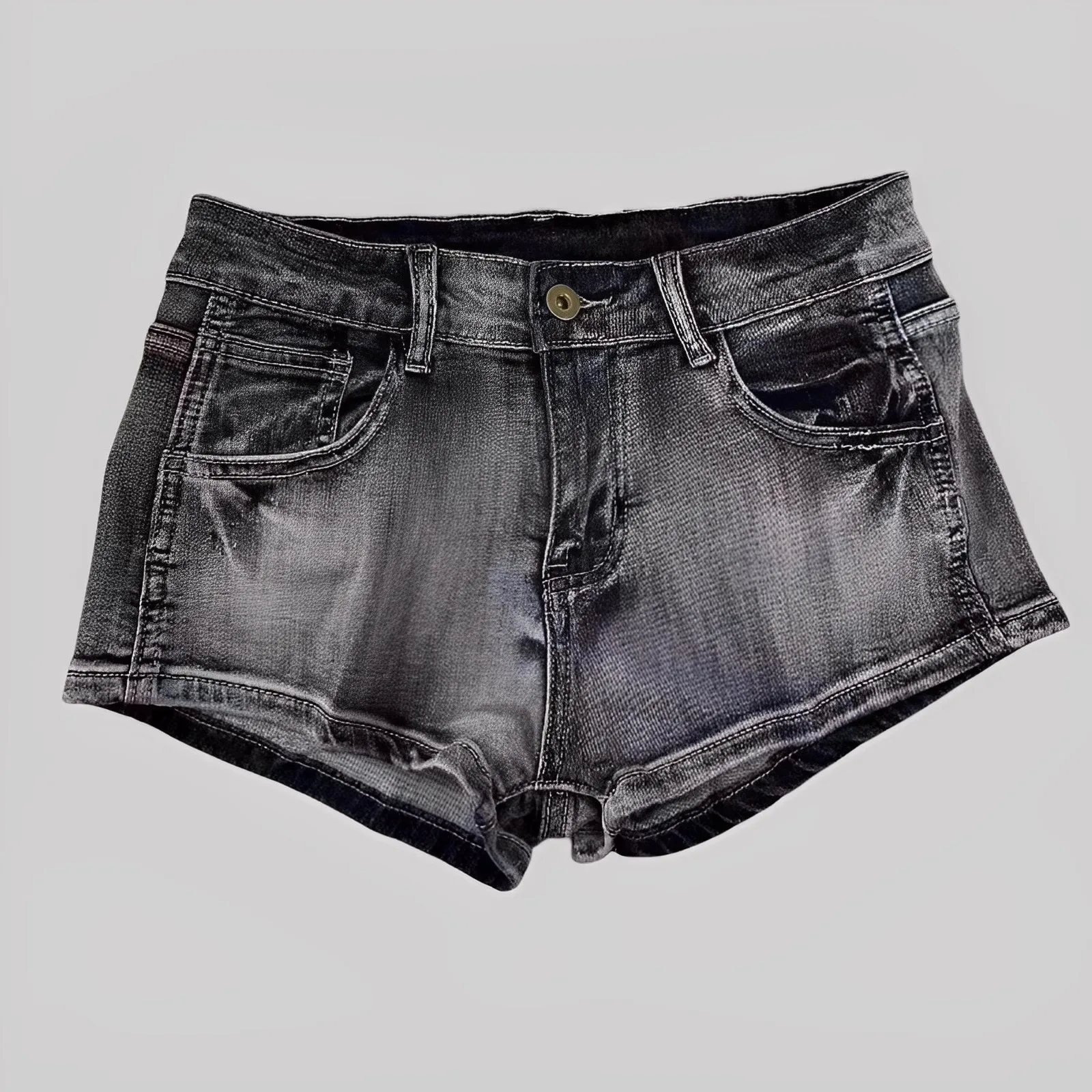 Low Waist Dark Gray Denim Shorts for Women, American Y2K Style, Summer Skinny Butt Lifting Stretch Washed Hot Pants for Petites
