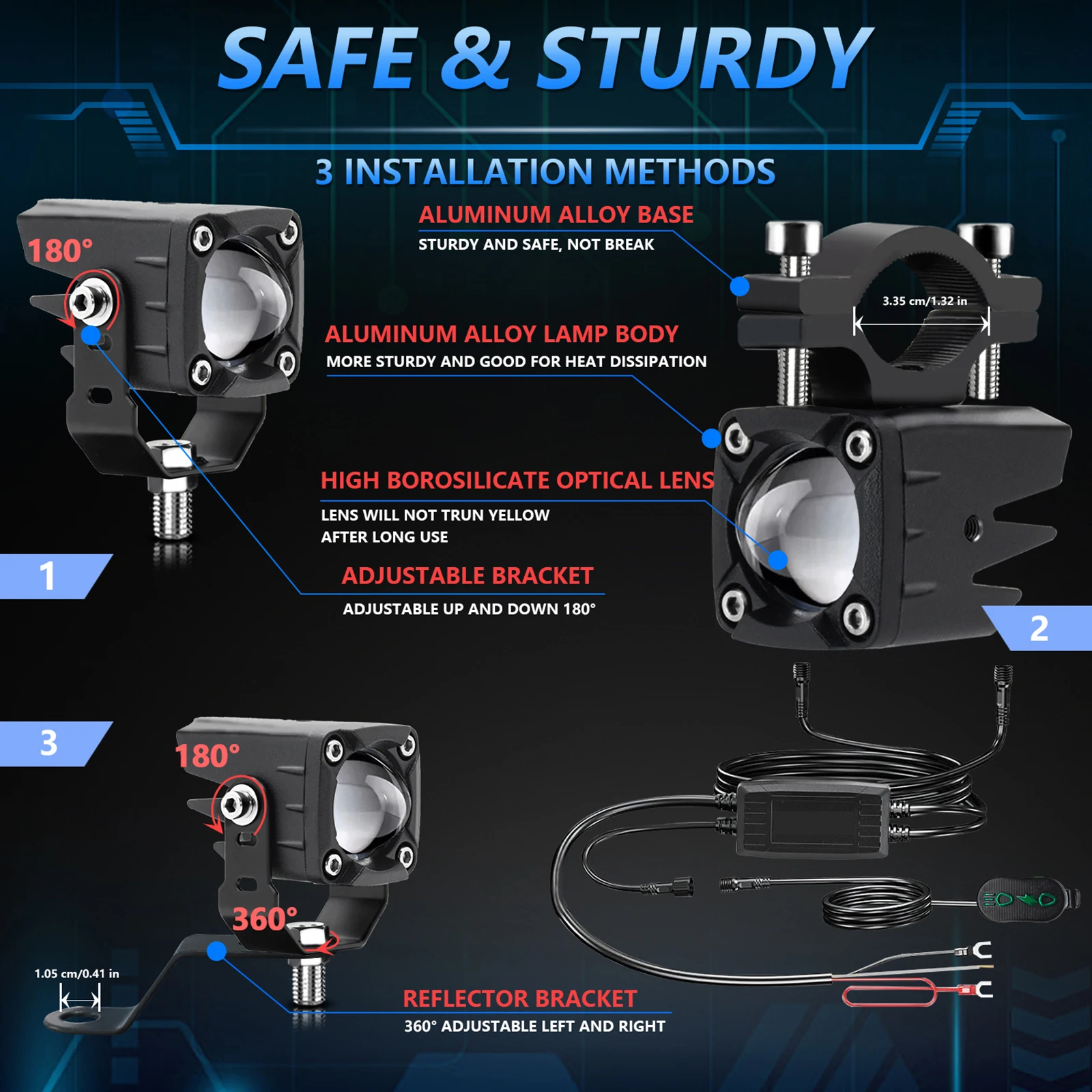 Motorcycle LED Driving Fog Lights 120W 18000LM 6 Lighting Modes Auxiliary Lights with Wiring Harness Kit and Mounting Brackets