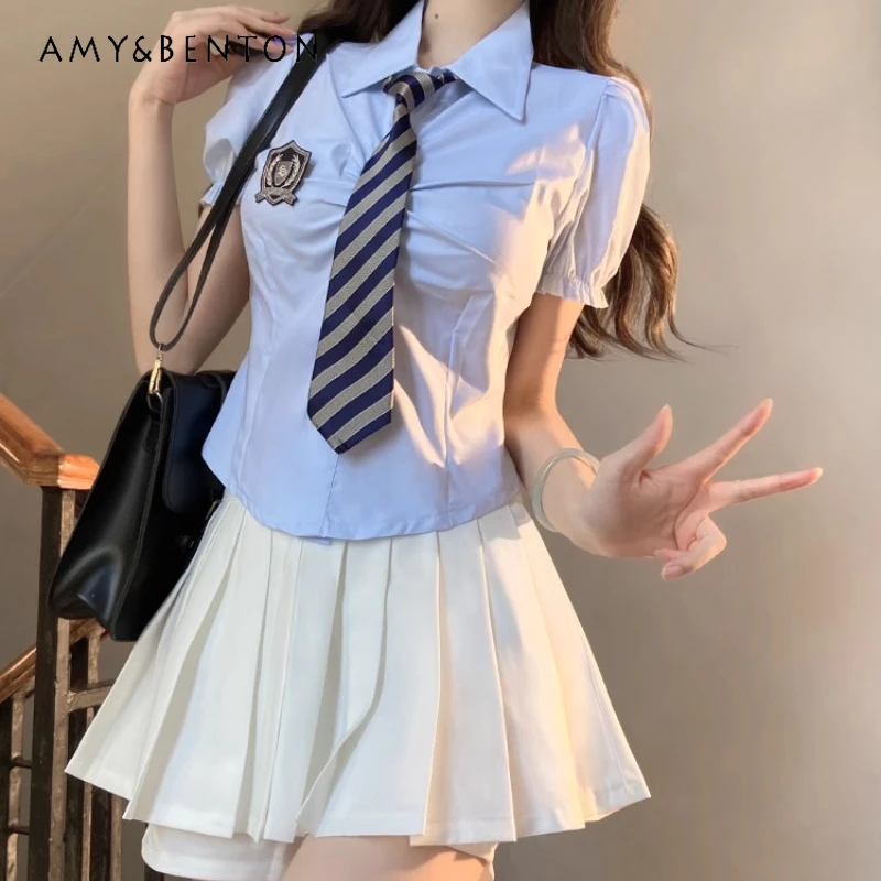 

New Japanese JK Uniform Summer College Style Puff Sleeved Fitted Waist Figure Shirt Short-Sleeves Top Pleated Skirt Outfit Women