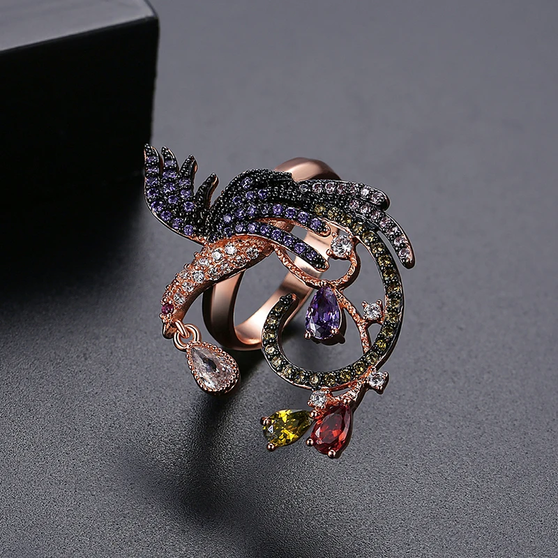 LUOTEEMI Phoenix Bird Rainbow Color CZ Finger Ring Luxury Animal Cubic Zirconia Women Party Jewelry Chinese Traditional Gifts