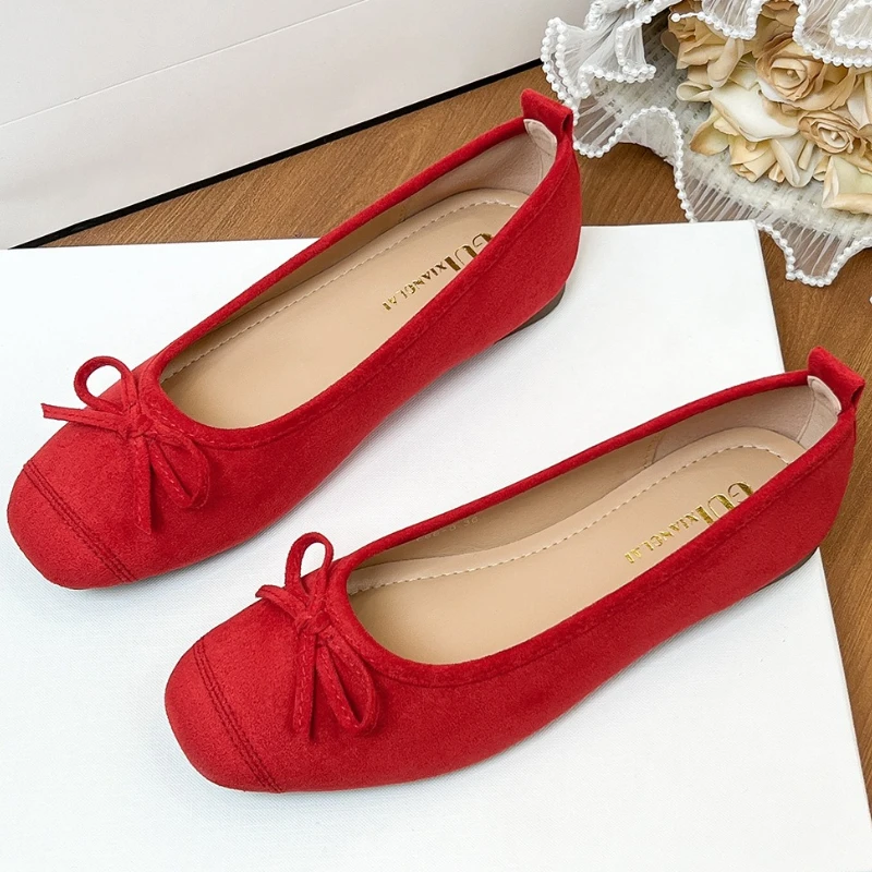Elevated Single Shoes Women's Ballet Flat  Knot Slip-On Fashionable Velvet Bean Shoes Korean Style round Toe mid Heel