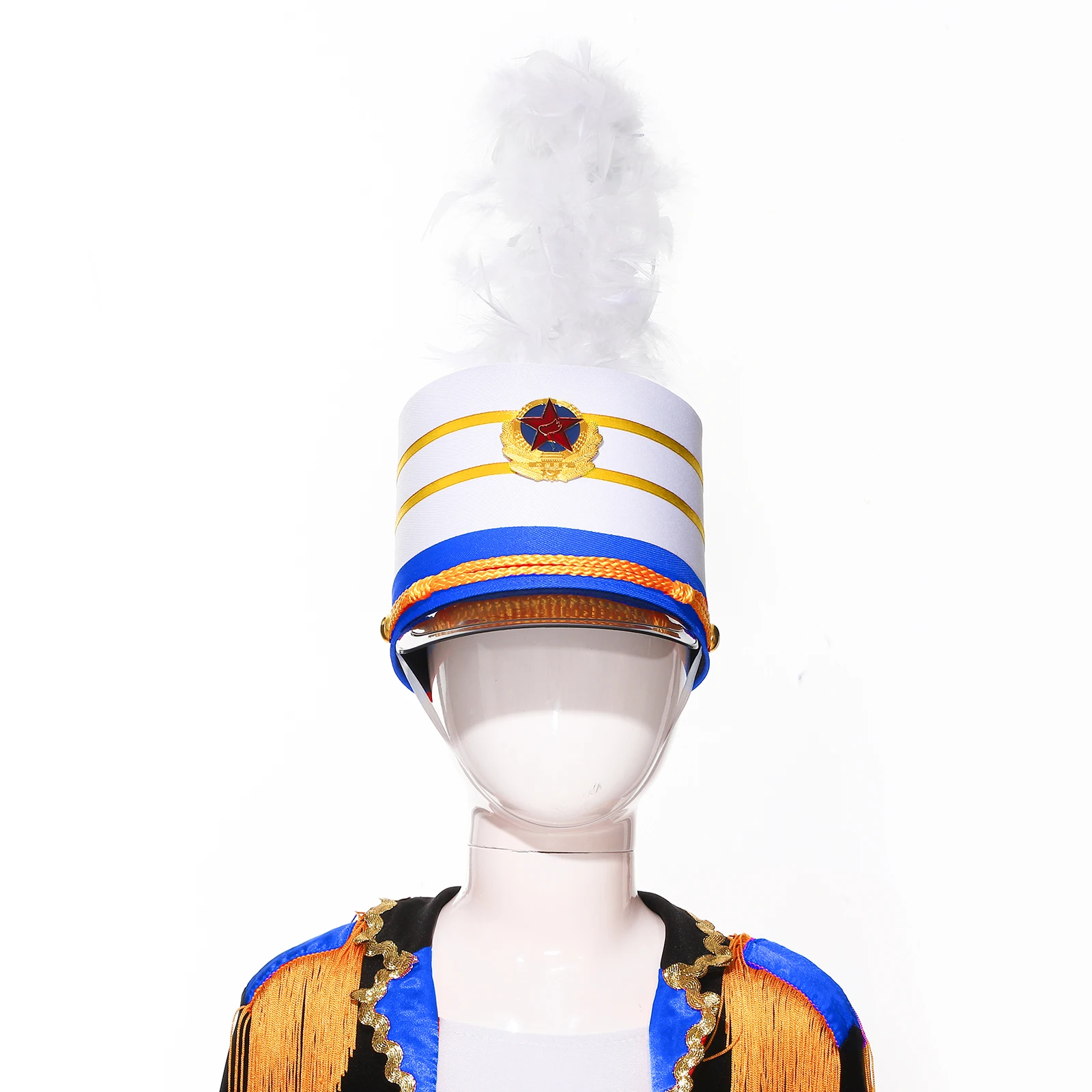 Ceremonial Hat Snare Drum Team Hat Command Hat Contrast Color High Hat with White Feathers Decorated