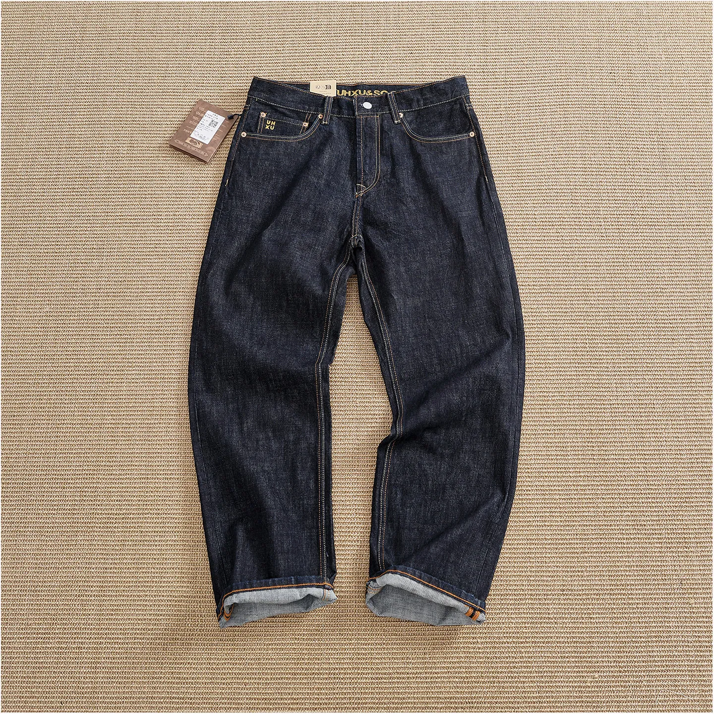 Spring New American Retro Primary Color Selvedge Denim Jeans Men's Amekaji 100% Cotton Washed Heavyweight Straight Cowboy Pants