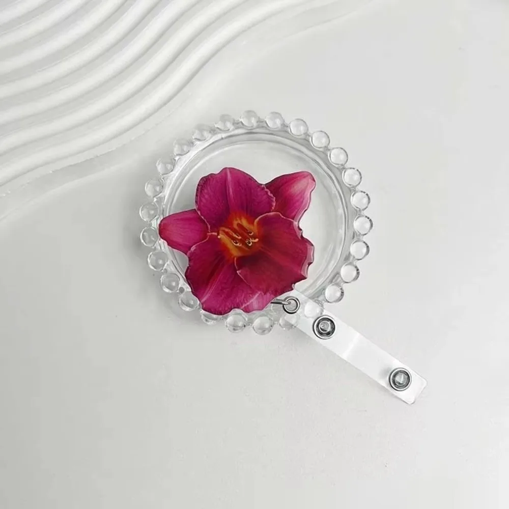 Acrylic Resin ID Card Badge Holder Clip Pull-Off Orchid Design Orchid ID Badge Retractable Work Certificate Holder For Women